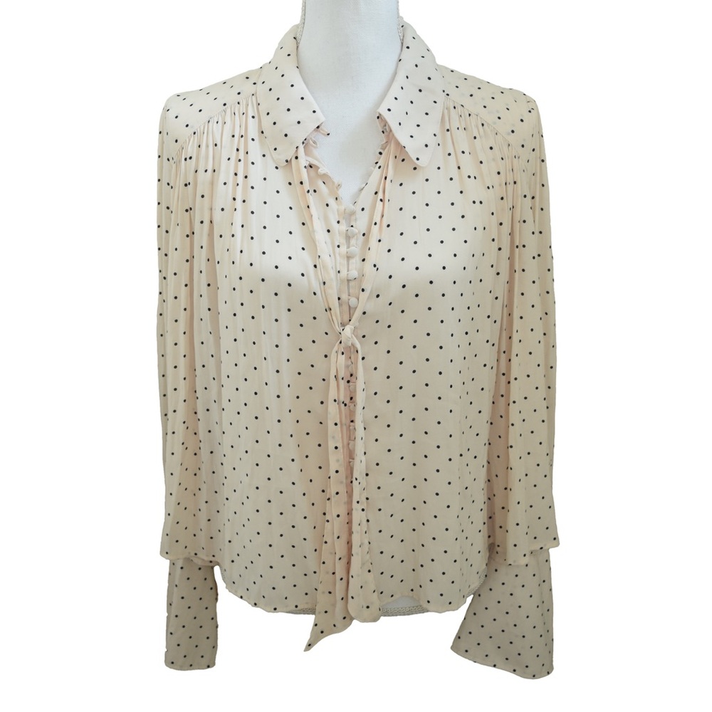 FREE PEOPLE Kennedy Blouse Size Small Pink Polka Dot Oversized Bow Button Down